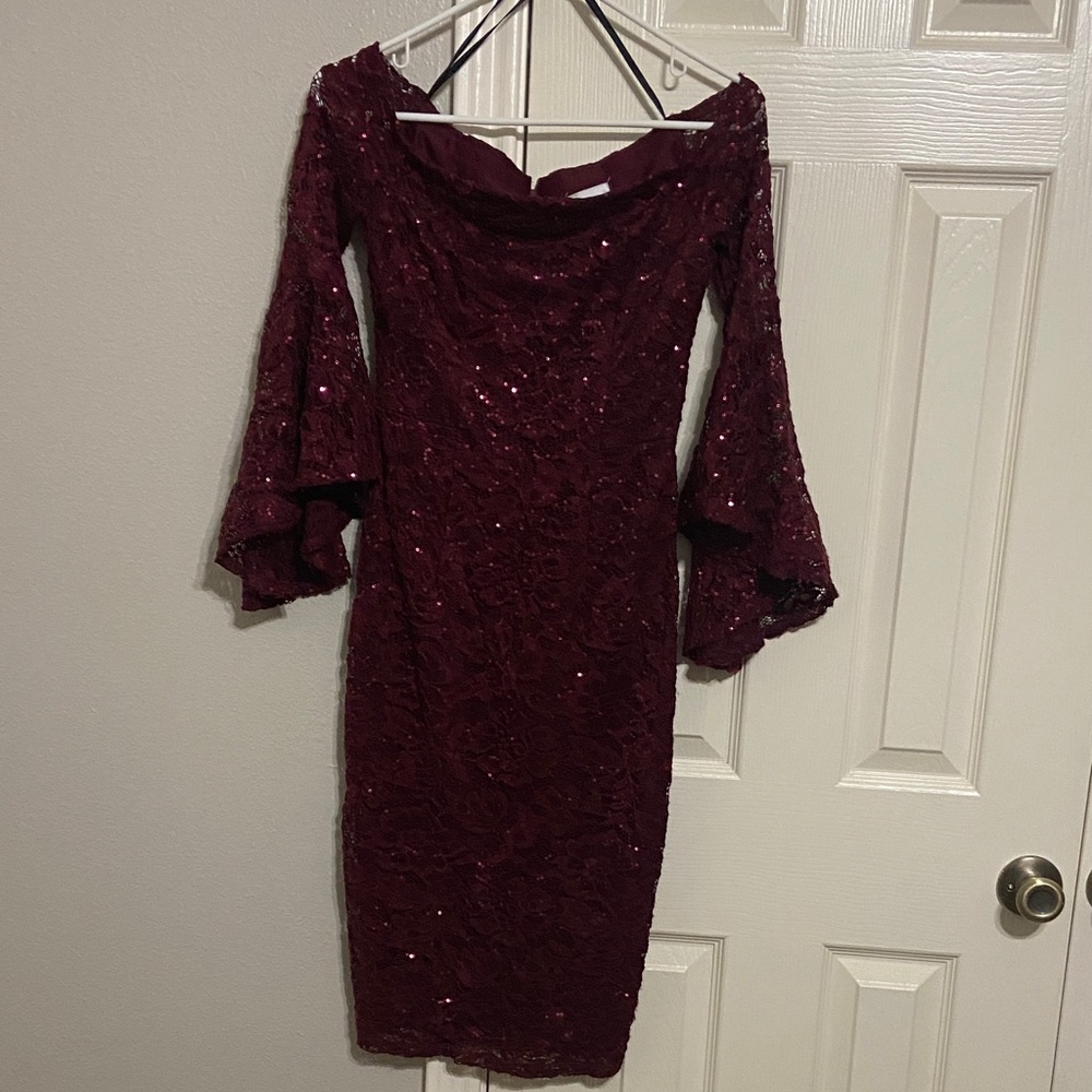 Sequin Lace Off-Shoulder Midi Dress in Burgundy